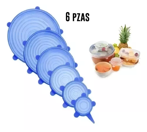 SET DE 6 TAPAS DE SILICONA EXTENSIBLES, ANTI ESCURRIMIENTOS, COLOR AZUL - 5