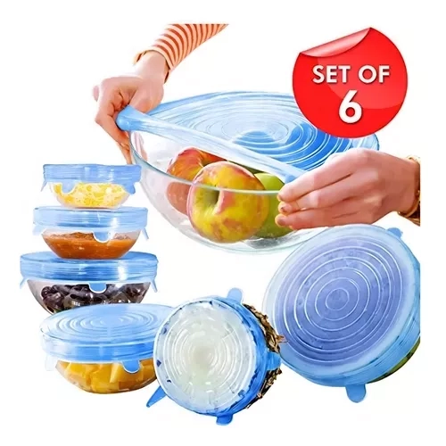 SET DE 6 TAPAS DE SILICONA EXTENSIBLES, ANTI ESCURRIMIENTOS, COLOR AZUL - 6