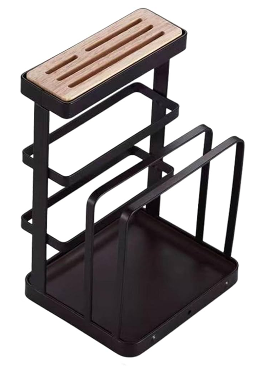 SOPORTE PARA TAPAS DE OLLAS 2 EN 1 ESTANTE PARA CUCHILLOS EN COLOR NEGRO - 1