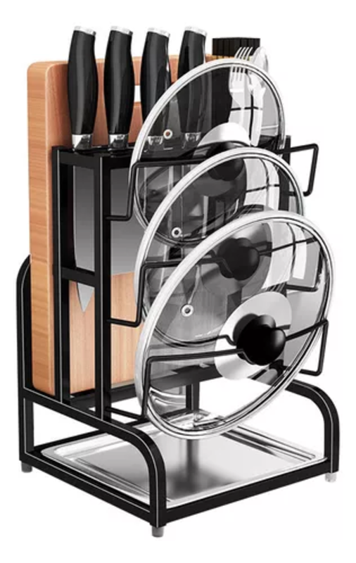SOPORTE PARA TAPAS DE OLLAS 2 EN 1 ESTANTE PARA CUCHILLOS EN COLOR NEGRO - 2