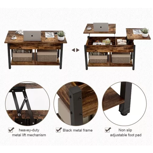 MESA DE CENTRO ELEVABLE PARA LIVING, DIMENSIONES 110X49X48 CM, COLOR MARRON OSCURO - 1