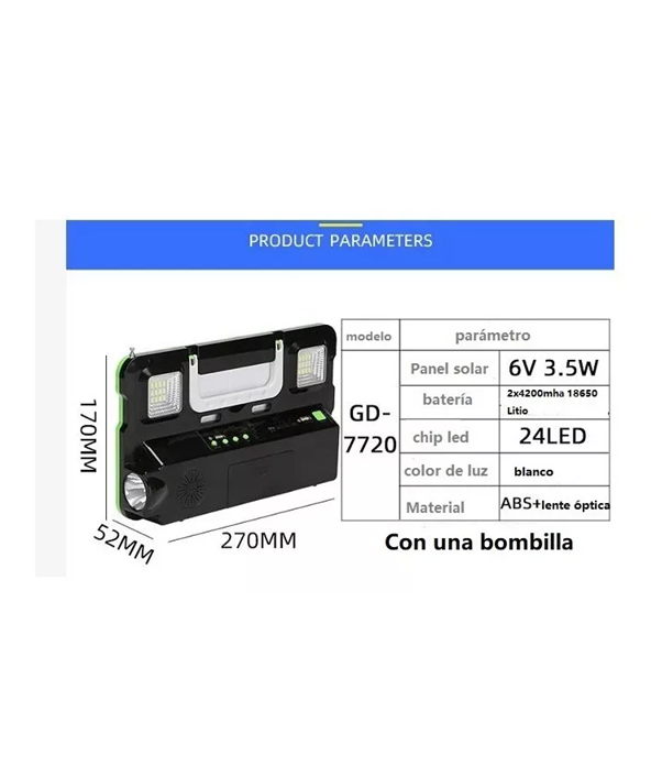 KIT SOLAR EMERGENCIA CAMPING, AMPOLLETA LED, FM RADIO, MP3 - 5