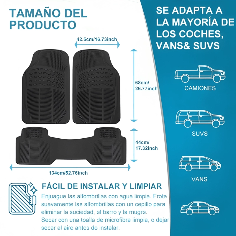 PISOS DE GOMA PARA VEHICULO 3 PIEZAS GENE RICO NEGRO - 3