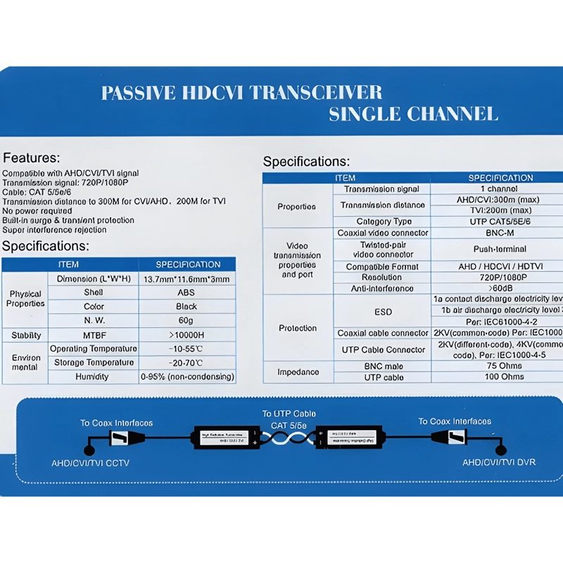 PAR VIDEO BALUN PASIVO CON CABLE 720P 1080P HDCVI AHD HDTVI - 2