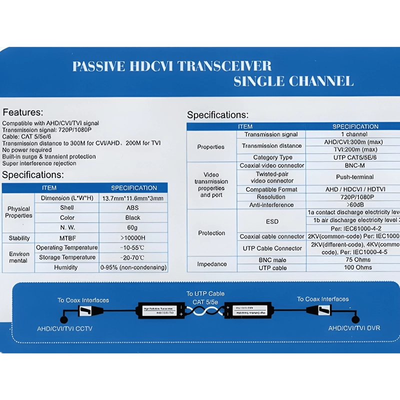 X4 PAR VIDEO BALUN PASIVO CABLE 720P 1080P HDCVI AHD GRIS - 2