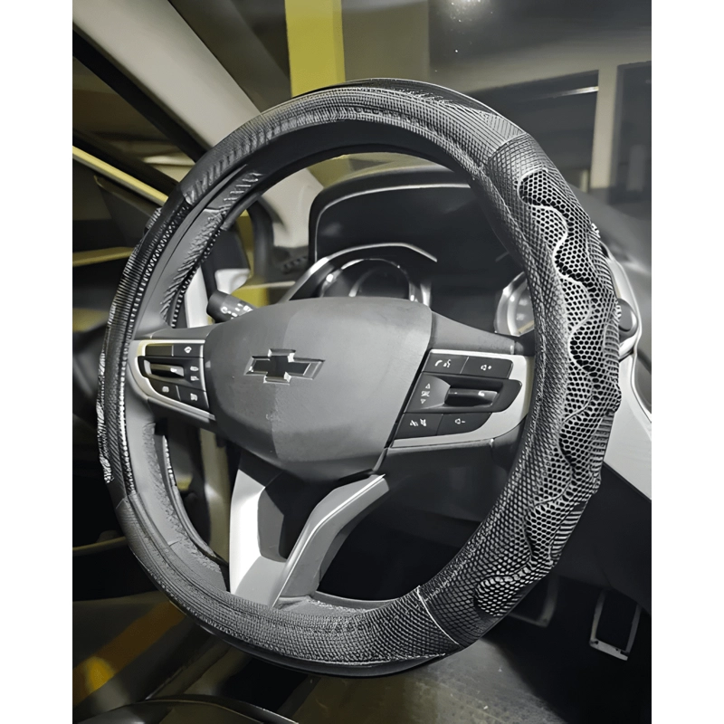 FUNDA CUBRE VOLANTE AUTO ECO CUERO GOMA DEPORTIVO NEGRO - 4