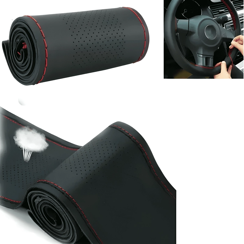 FUNDA CUBRE VOLANTE COSIDO /ROJO PARA AUTO+HILO+AGUJA NEGRO - 1