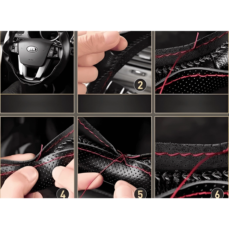 FUNDA CUBRE VOLANTE COSIDO /ROJO PARA AUTO+HILO+AGUJA NEGRO - 3