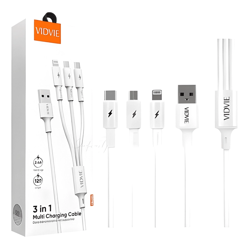 CABLE MULTICARGA CARGA RAPIDA USB 3 EN 1 VIDVIE BLANCO - 4