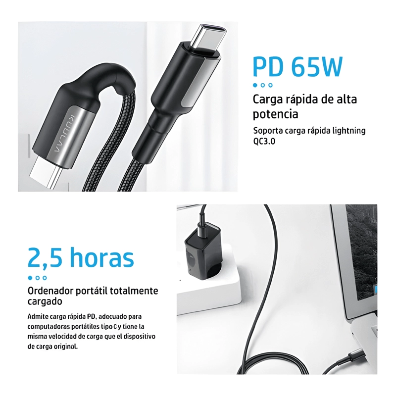 CABLE TIPO C A USB-C CARGA RAPIDA 65W LARGO 2 METROS #3 - 2