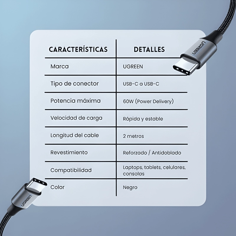 CABLE CARGA RAPIDA US261 USB TIPO C USB C 2 METROS - 2
