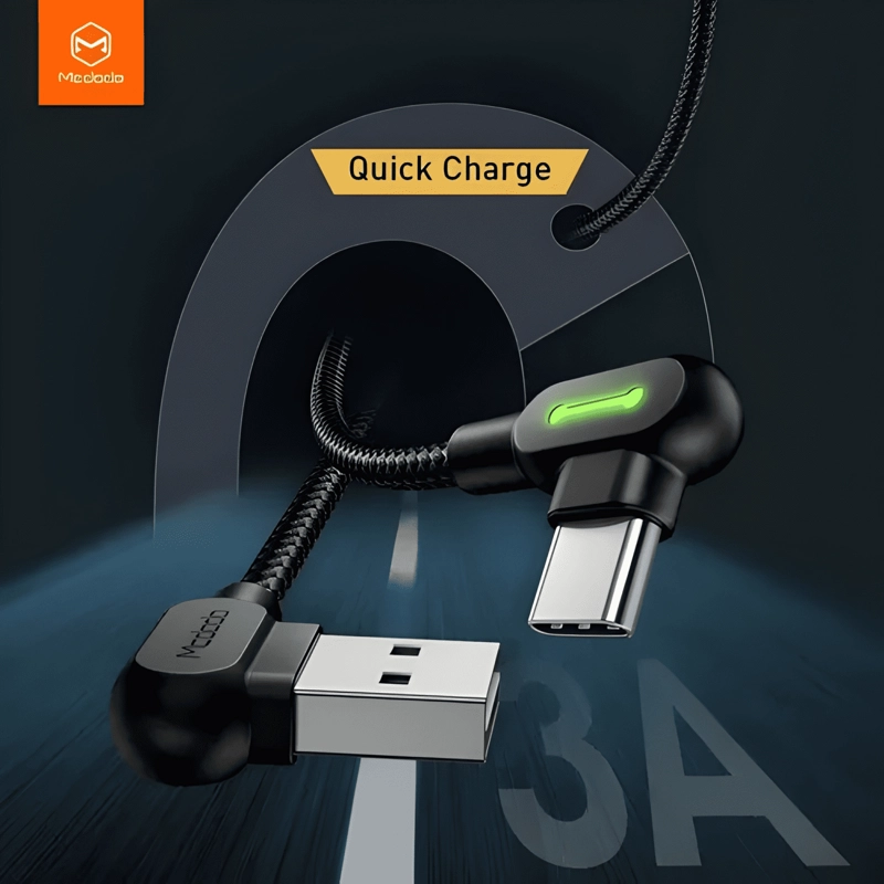 CABLE USB TIPO C 3.0 CARGA RAPIDA 3MT 90° L LUZ LED 3A - 4