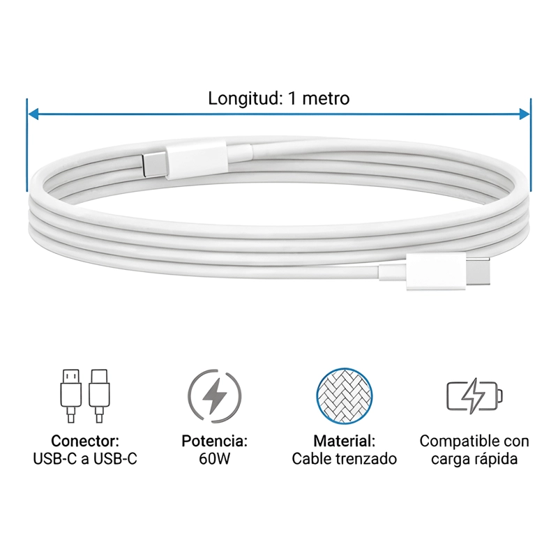 CABLE USB-C 60W 1M PARA IPHONE 15 16 17 TIPO-C CARGA RAPIDA - 3