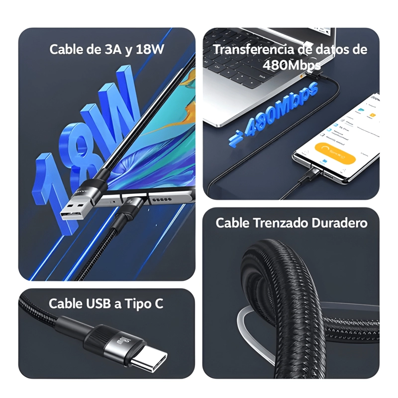 CABLE USB TIPO C A USB 3A 18W LARGO 1,2 METROS NEGRO - 2