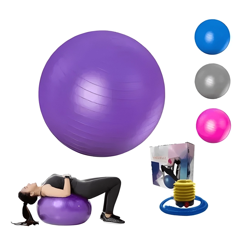 BALON YOGA PILATES EJERCICIO. 65CM CON BOMBA MORADO - 1