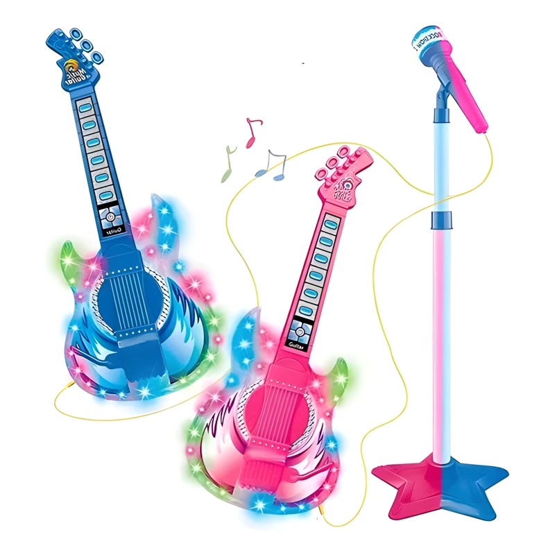 SET GUITARRA MICROFONO PEDESTAL JUGUETE MP3 LUCES AZUL - 1