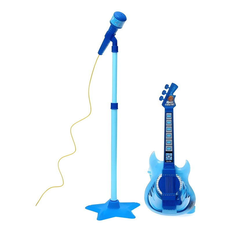 SET GUITARRA MICROFONO PEDESTAL JUGUETE MP3 LUCES AZUL - 2