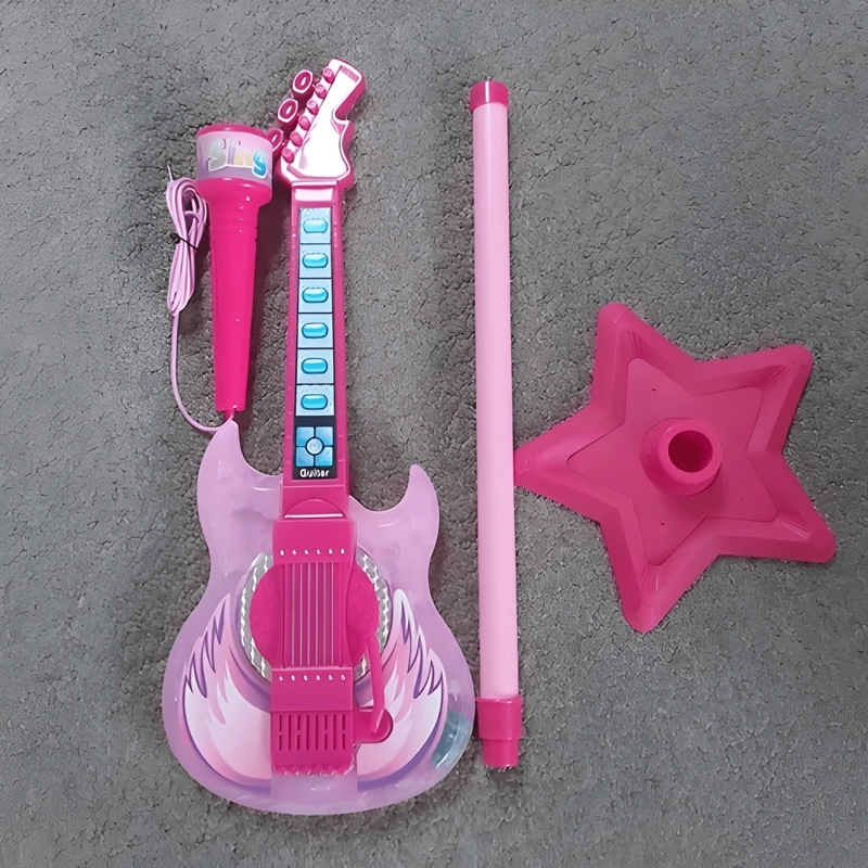 SET GUITARRA MICROFONO PEDESTAL JUGUETE MP3 LUCES AZUL - 3