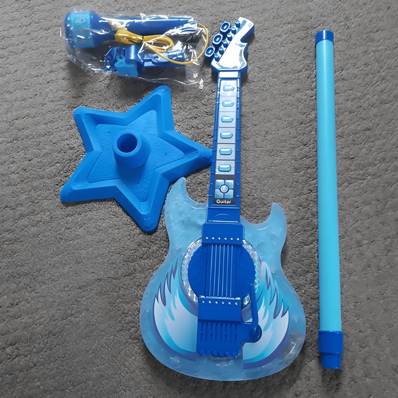 SET GUITARRA MICROFONO PEDESTAL JUGUETE MP3 LUCES AZUL - 4