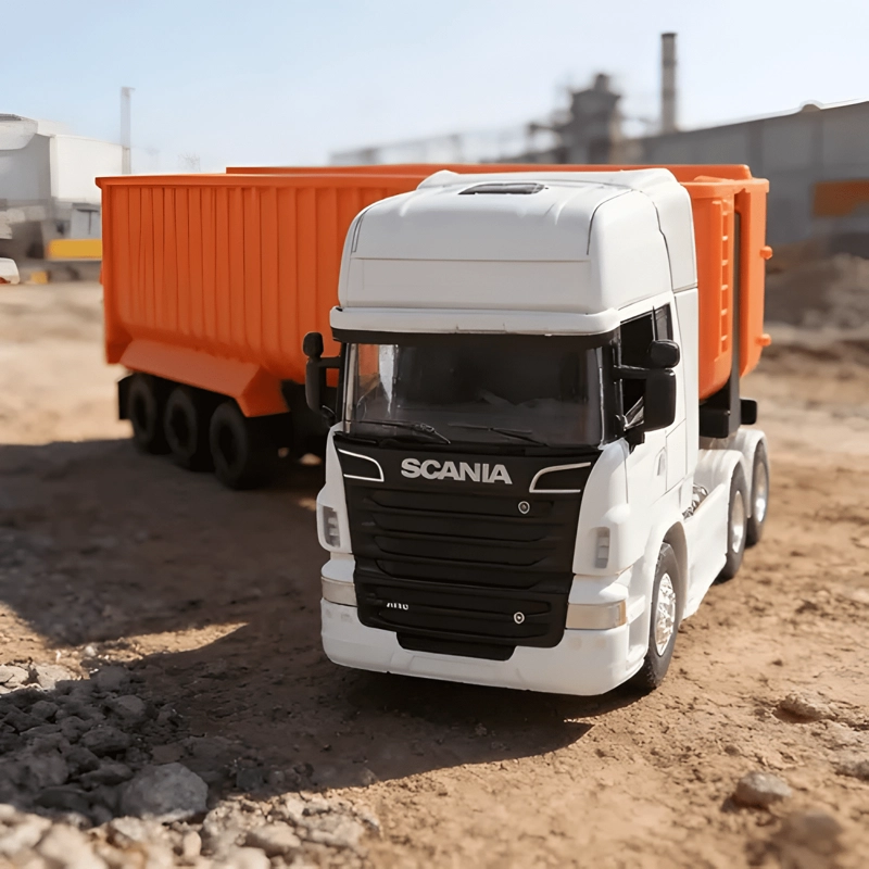 CAMION SCANIA CON BATEA ESCALA 1:64 NARANJO - 1