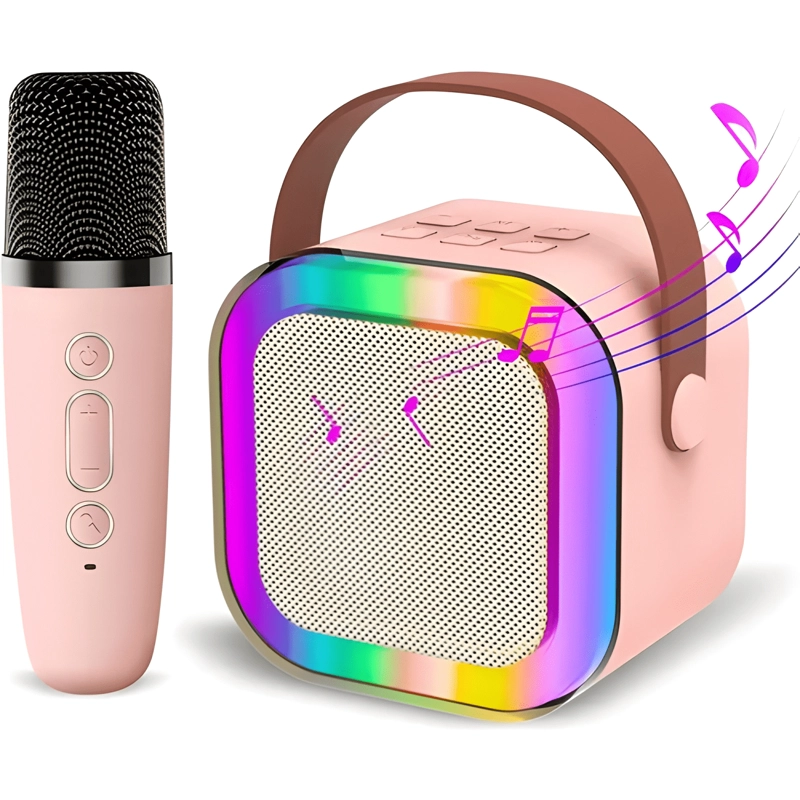 MINI PARLANTE CON MICROFONO EFECTOS DE SONIDOS LUZ LED ROSA - 3