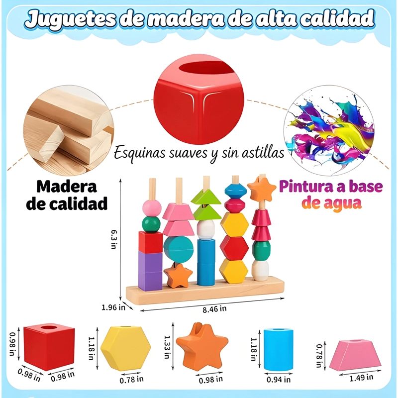 JUEGO APILAR ENSARTAR MADERA COLORES FORMAS NIÑOS 1-3 - 1