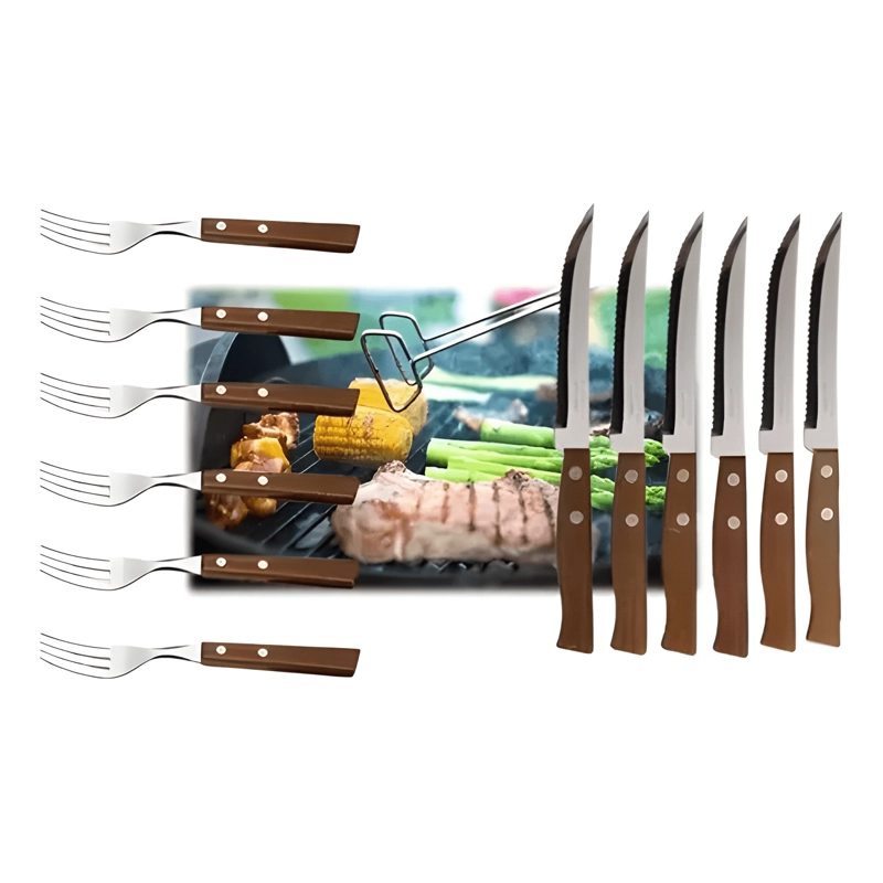 SET 6 TENEDORES 6 CUCHILLOS SIERRA ASADO MADERA PARRILLA #4 - 1
