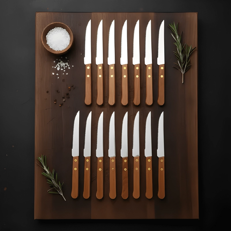 CUCHILLOS ACERO INOXIDABLE CUBIERTOS MADERA ASADO PACK X12 - 4