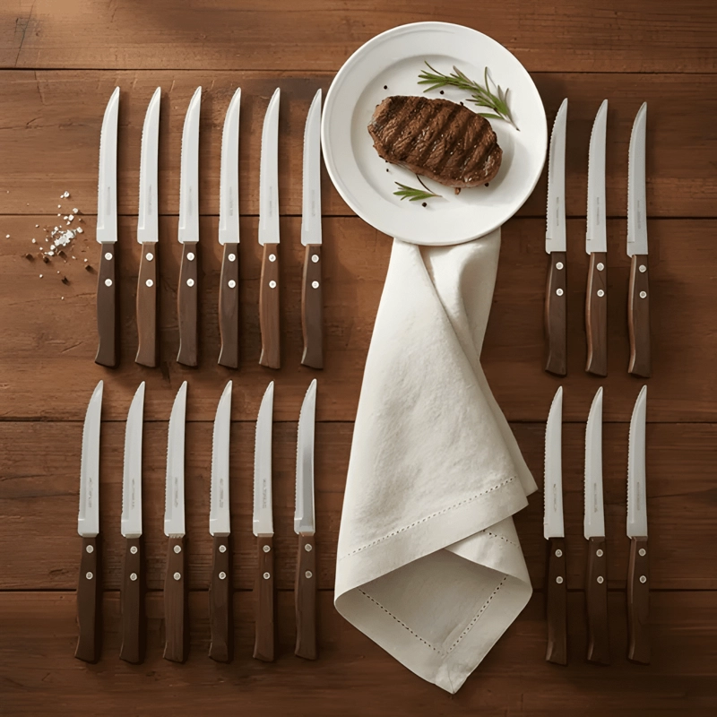 PACK 12 CUCHILLOS ACERO INOXIDABLE CUBIERTOS MADERA ASADO #1 - 1