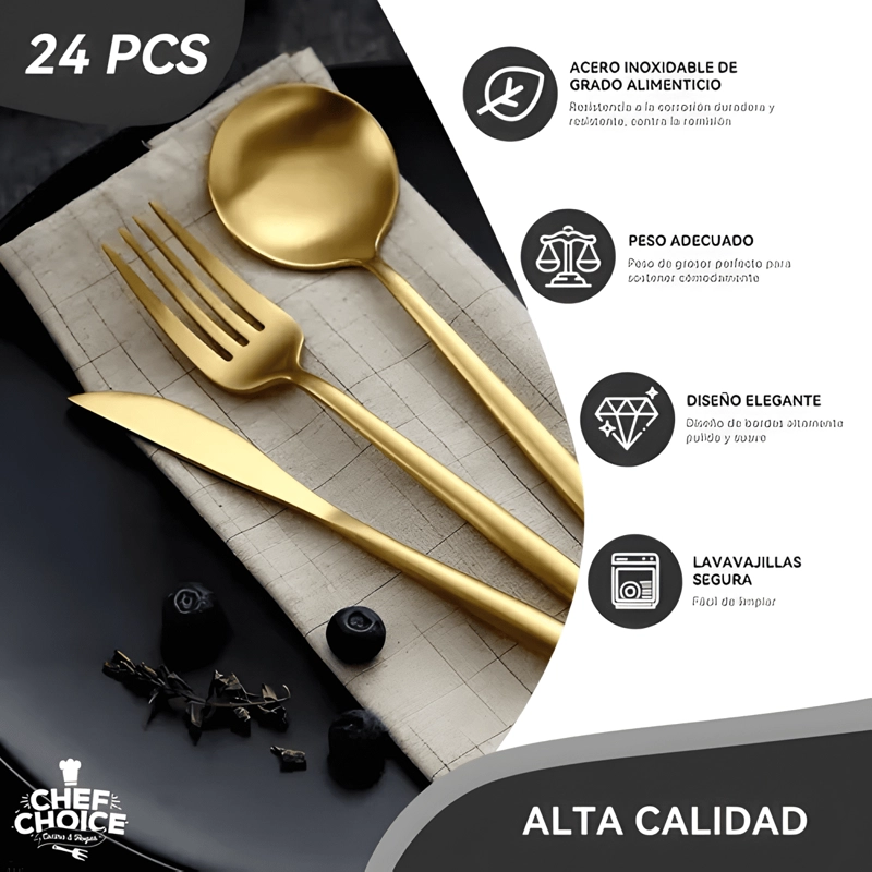 JUEGO CUBIERTOS ACERO INOXIDABLE 24 PIEZAS DORADO - 1