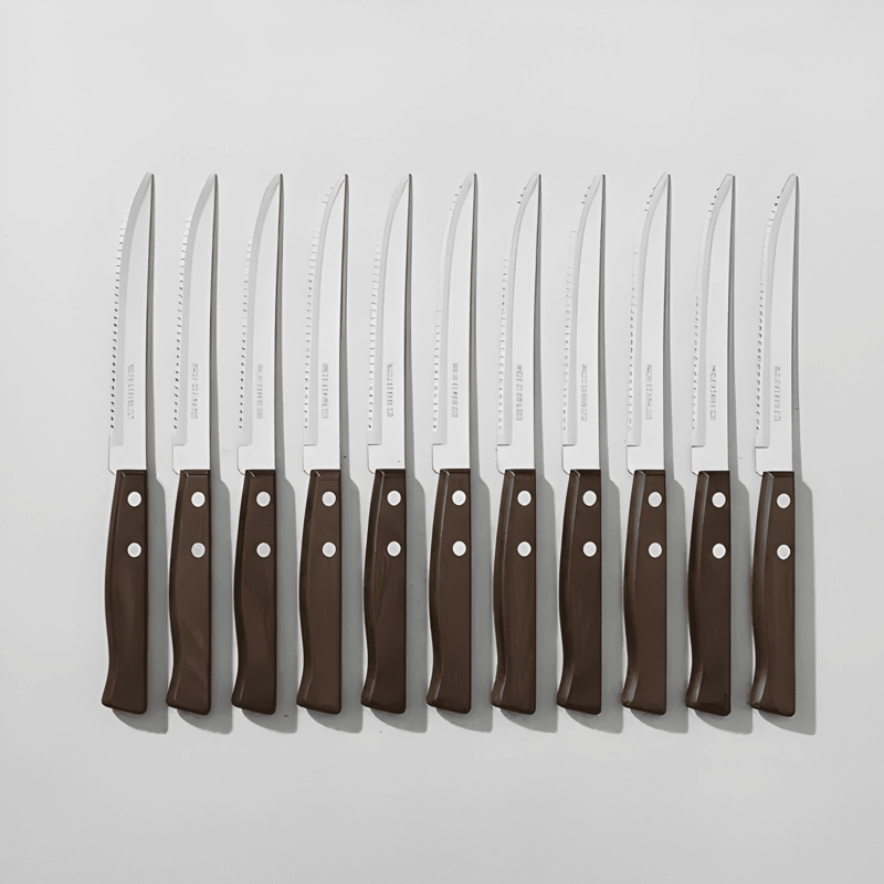 PACK 12 CUCHILLOS ACERO INOXIDABLE CUBIERTOS MADERA ASADO #3 - 4