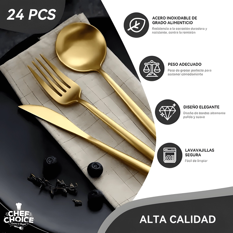 JUEGO DE CUBIERTOS COMPLETO 24 PCS ACERO INOXIDABLE DORADO - 1
