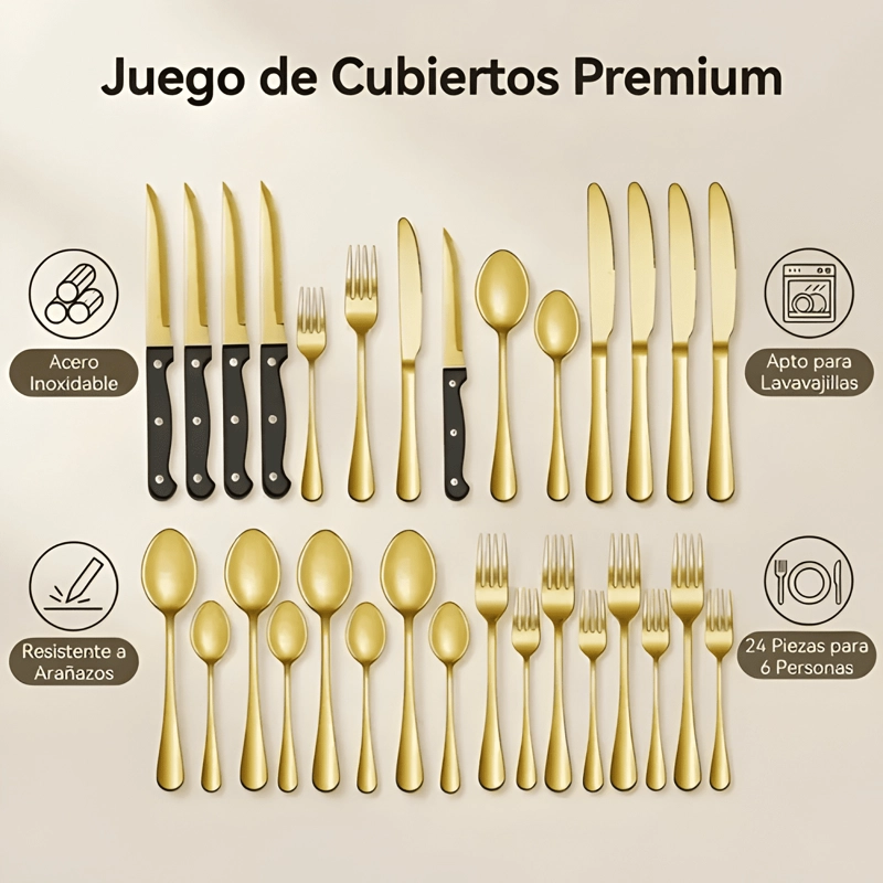 SET 24 PIEZAS CUBIERTOS CUCHILLERIA ACERO INOXIDABLE DORADO - 1