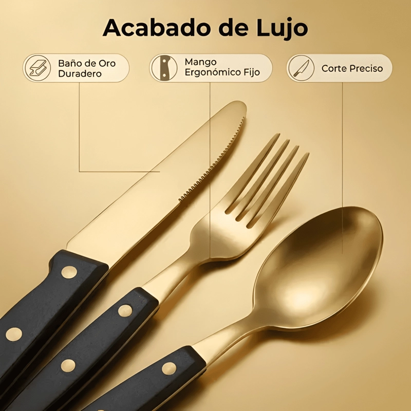 SET 24 PIEZAS CUBIERTOS CUCHILLERIA ACERO INOXIDABLE DORADO - 2