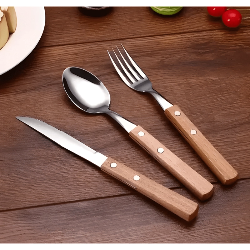 SET DE SERVICIOS MANGO DE MADERA UTENSILIOS COCINA CUBIERTOS - 2