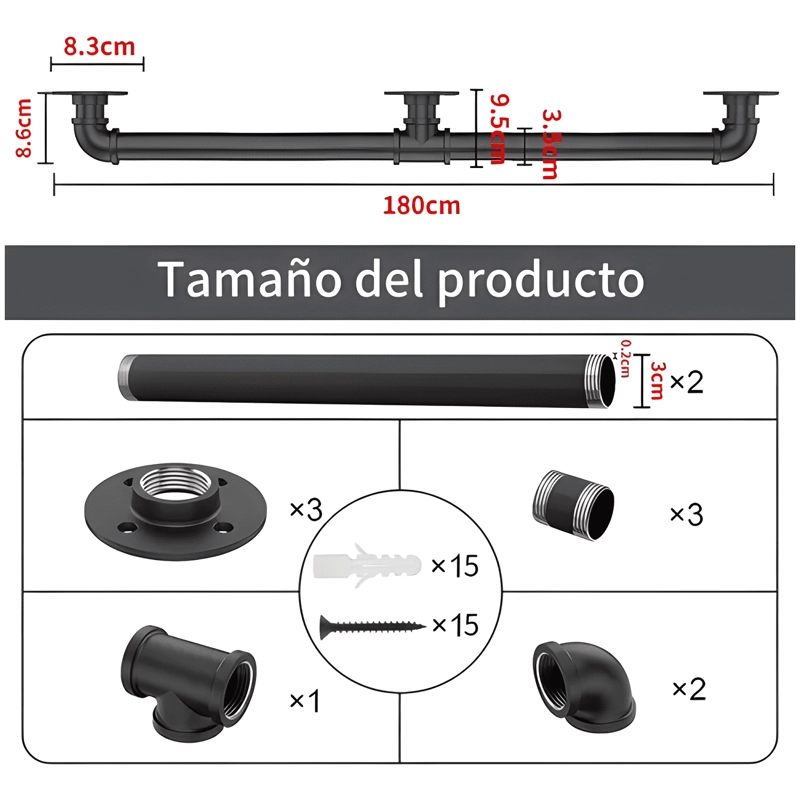PASAMANOS DE TUBO ESCALERAS 1,8 M CON TORNILLO, NEGRO #2 - 2