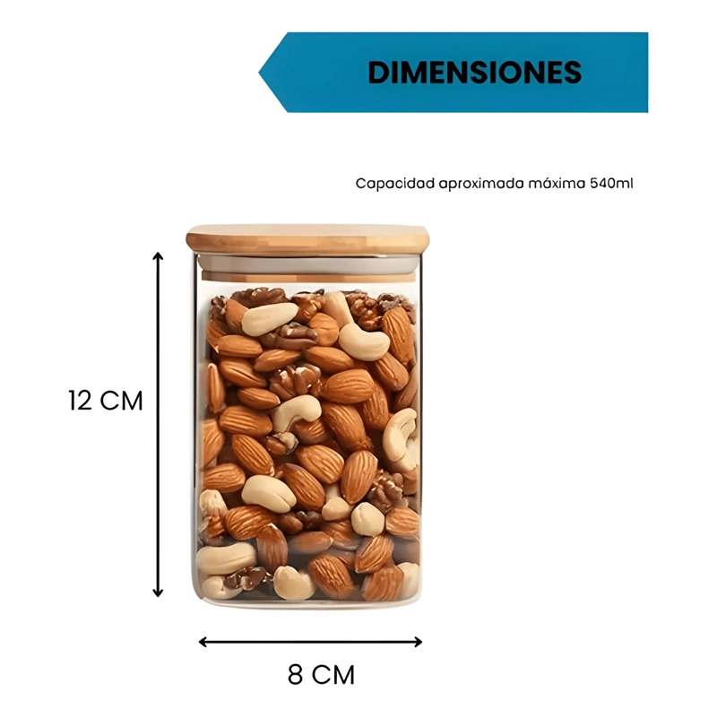 FRASCO HERME TICO CUADRADO TAPA BAMBU 6U, TRANSPARENTE - 1