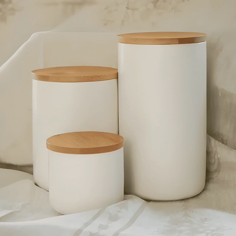 CONTENEDOR CERAMICA HERME TICO TAPA MADERA TALLA L, BLANCO - 2
