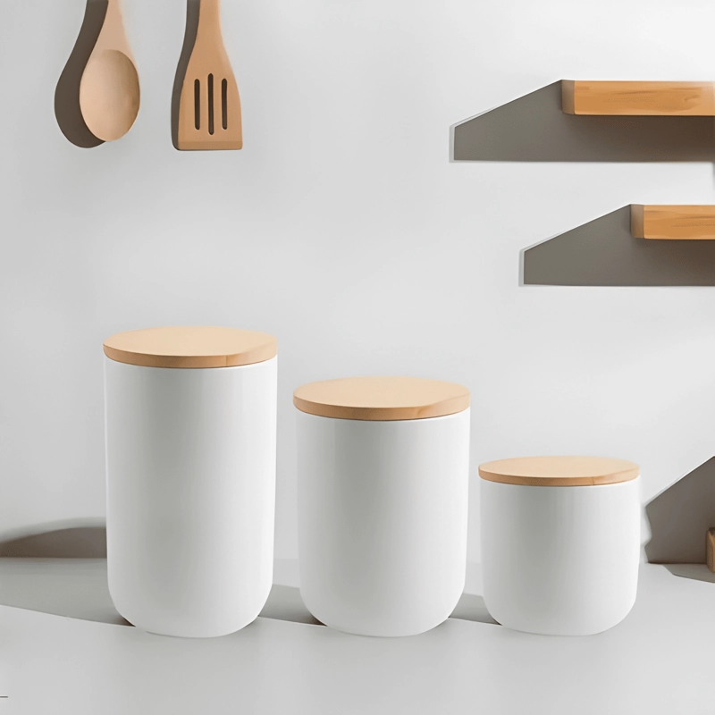 CONTENEDOR CERAMICA HERME TICO TAPA MADERA TALLA L, BLANCO - 3