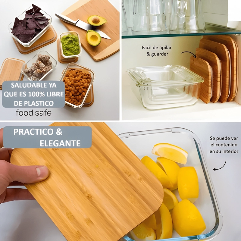 SET 3 CONTENEDORES HERME TICOS VIDRIO TAPA BAMBU - 4