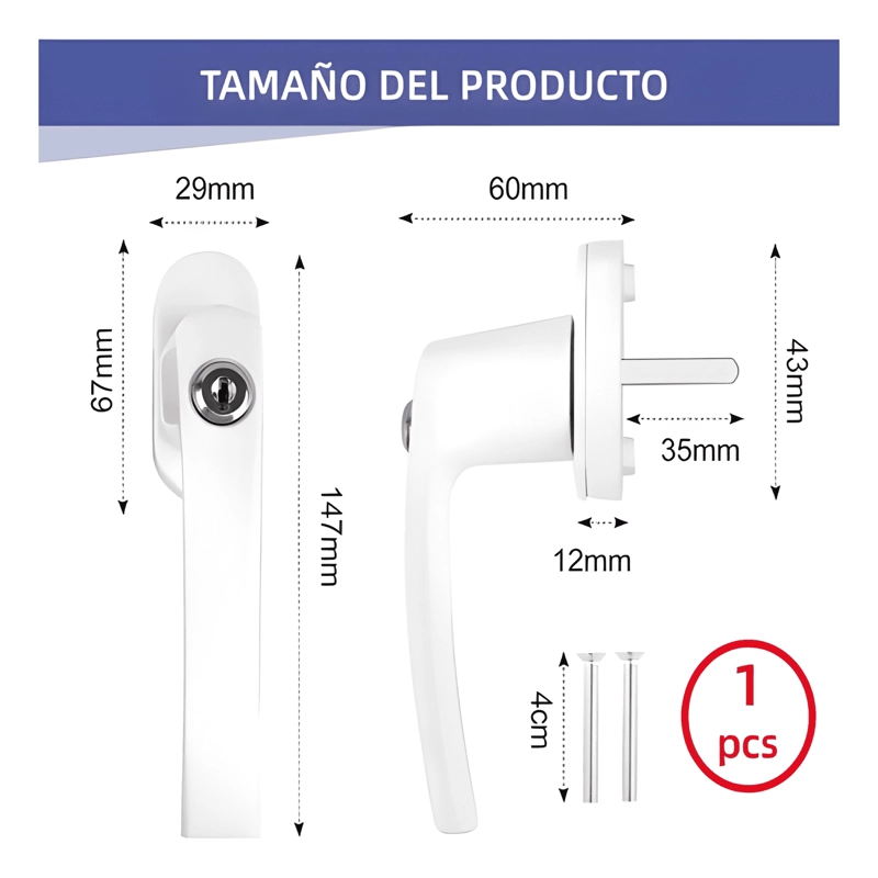 MANILLA RECTA DE ALUMINIO CON LLAVE PARA VENTANAS 4U - 1