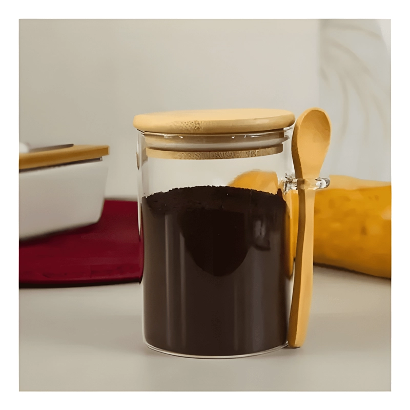 SET 6 FRASCOS VIDRIO 400 ML TAPA BAMBU CON CUCHARA - 2