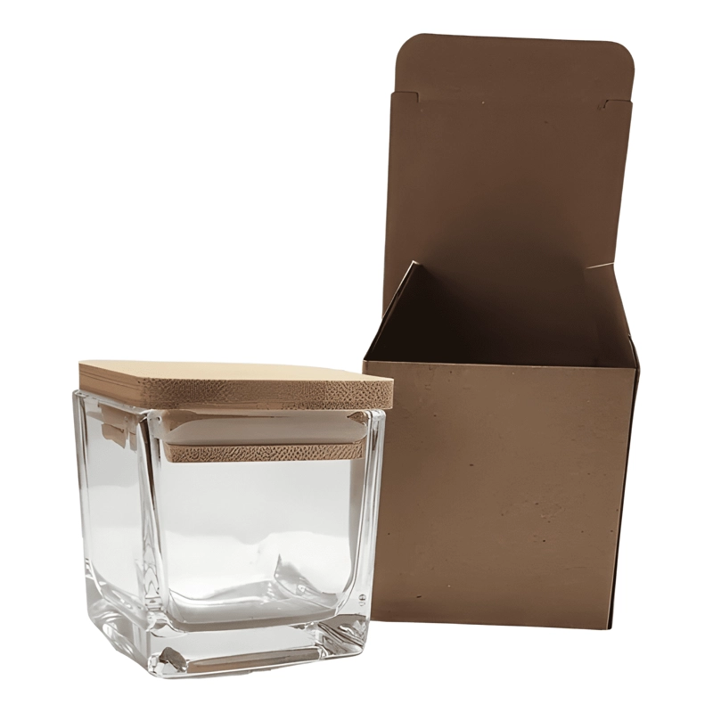 FRASCO CUADRADO VIDRIO 500 CC TAPA MADERA 5U, TRANSPARENTE - 1