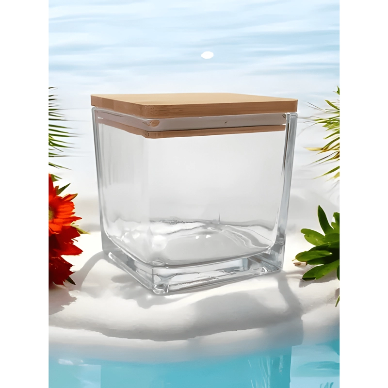 FRASCO CUADRADO VIDRIO 500 CC TAPA MADERA 5U, TRANSPARENTE - 3