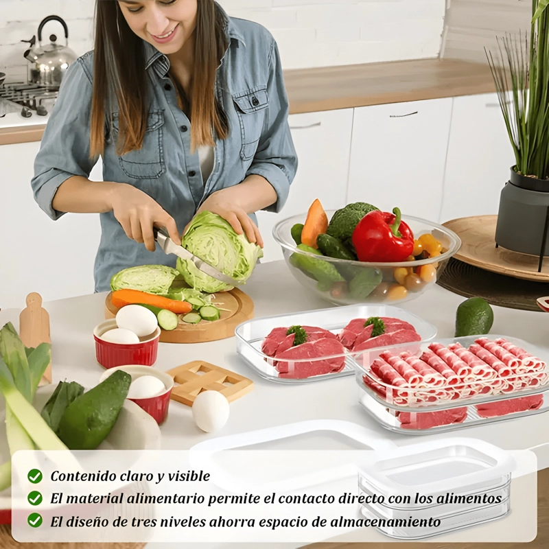CONTENEDOR PLASTICO TRIPLE PARA CARNE CON TAPA, TRANSPARENTE - 1