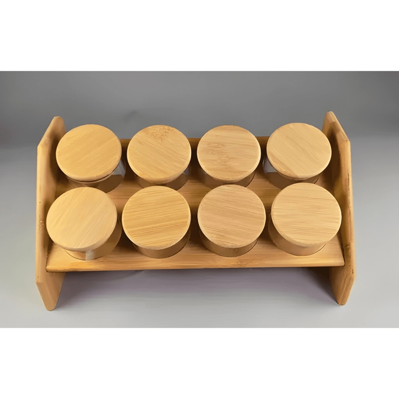 FRASCO PARA ESPECIAS CON SOPORTE Y TAPA DE BAMBU 8U - 1