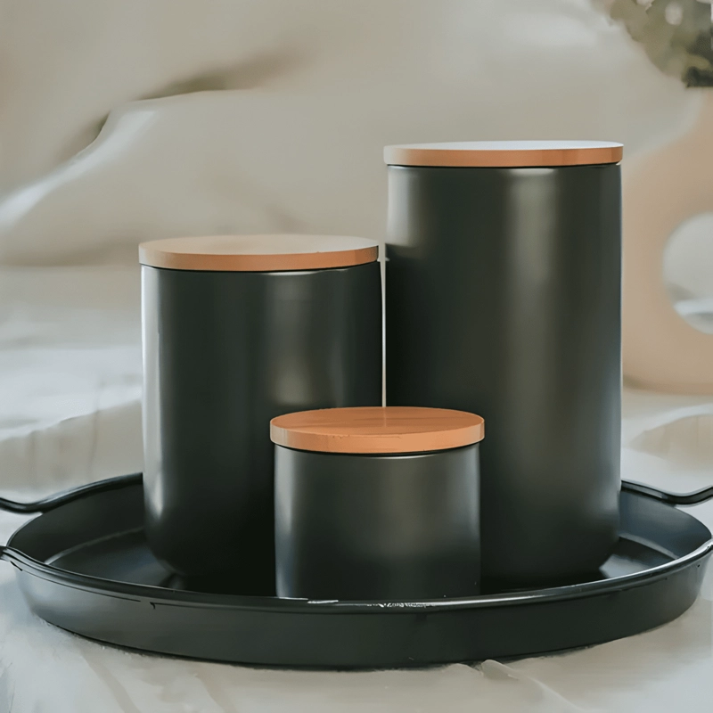 CONTENEDOR CERAMICA HERME TICO TAPA MADERA TALLA S, NEGRO - 1