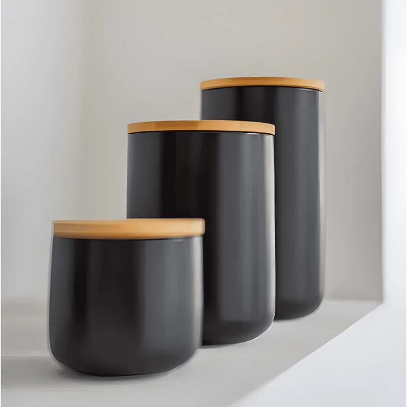 CONTENEDOR CERAMICA HERME TICO TAPA MADERA TALLA S, NEGRO - 2