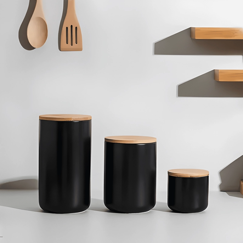 CONTENEDOR CERAMICA HERME TICO TAPA MADERA TALLA S, NEGRO - 4