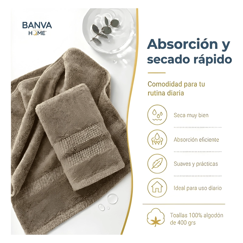 JUEGO 4 TOALLA BANO ALGODON MANOS TOALLON CUERPO 400GR BEIGE - 3